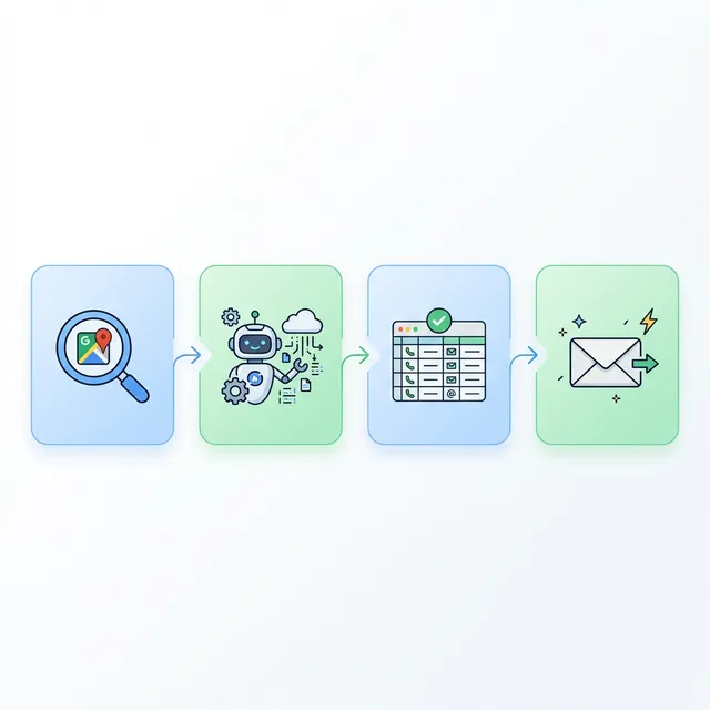 4-step agency workflow showing Google Maps search linking through to email outreach
