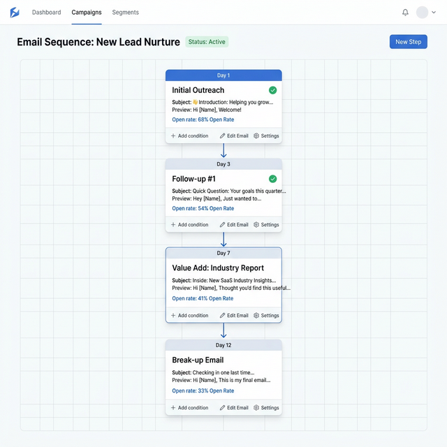 4-step email sequence flow with open rates and reply rates per step