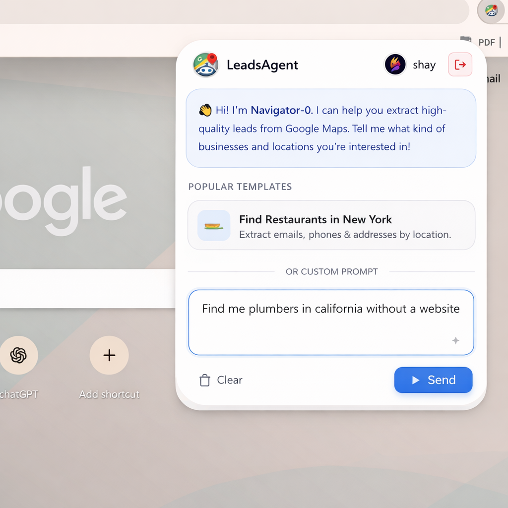 LeadsAgent AI prompt: Find plumbers in California without a website